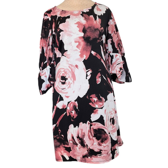 Cato Dresses & Skirts - Cato L‎ Black Pink Floral Puff Sleeve Dress Polyester Spandex Keyhole Back